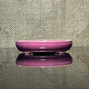 May include: A shallow, oval-shaped ceramic dish with a smooth, glossy magenta finish. The dish features a slightly raised rim and rests on small, integrated feet, presenting a clean, uniform appearance with a reflective surface underneath.