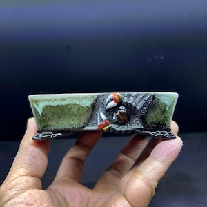 Puede incluir: Una maceta rectangular de cerámica para bonsái con un esmalte moteado en verde y blanco. El exterior presenta un relieve oscuro y texturizado de un cangrejo con detalles en rojo y blanco en las pinzas, sobre cuatro pies oscuros y ornamentados.