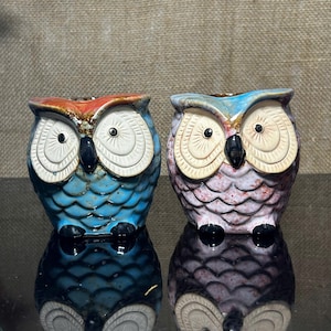Peut inclure: Deux figurines de hiboux en céramique. L'une est bleue avec des accents orange et marron, l'autre est rose et violette avec des accents bleus. Les deux ont de grands yeux blancs, des becs noirs et des pieds noirs. Les hiboux se reflètent sur la surface brillante en dessous.