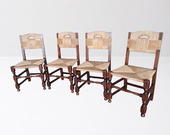 Set of 4 Charles Dudouyt Style Oak Dining Chairs | French Rush Seat Chairs