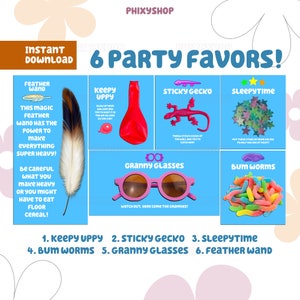 6 Blue Party Favors Bundle | Keepy Uppy | Sticky Gecko | Sleepytime | Bum Worms | Granny Glasses | Feather Wand | Digital Download