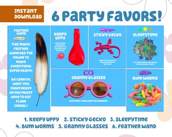 6 Blue Party Favors Bundle | Keepy Uppy | Sticky Gecko | Sleepytime | Bum Worms | Granny Glasses | Feather Wand | Digital Download