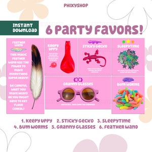 6 Pink Party Favors Bundle | Keepy Uppy | Sticky Gecko | Sleepytime | Bum Worms | Granny Glasses | Feather Wand | Digital Download