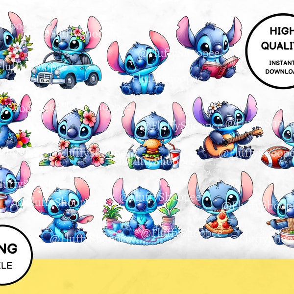 Cute Stitch Character PNG Clipart - Digital Instant Art Download - Téléchargement instantané - Fond transparent - Fichier de coupe - Manger de la pizza