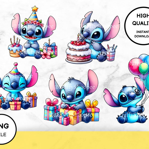 Cute Birthday Stitch Clipart Bundle - Digital Cartoon Character - Birthday Gift - Printable Stickers, Cake, Balloons - Instant Download