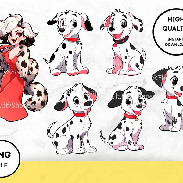 101 Dalmatians PNG Bundle - Dalmatians Dogs, Cruella PNG - Cruella Clipart - Digital Cartoon Character - Birthday Gift - Printable Stickers