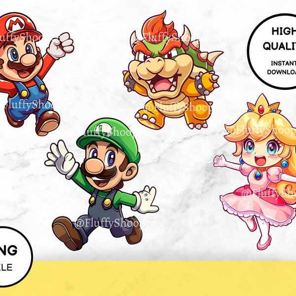 Set Of 5 Super Mario Cliparts - Super Mario Prints - Baby Shower Gift - Gaming Room Decor - Mario and Luigi - Super Mario Cute Stickers