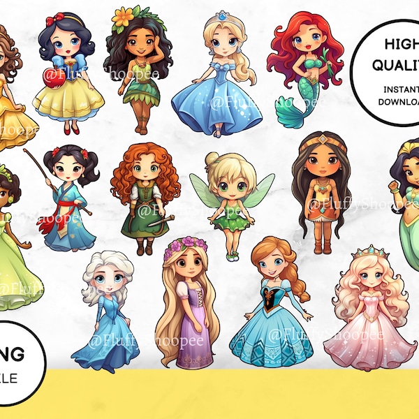 Mignon paquet de princesses de dessins animés PNG - Beaux personnages de silhouette - Dessin Princesse - Digital Princesses Clipart - Fichier de coupe imprimable