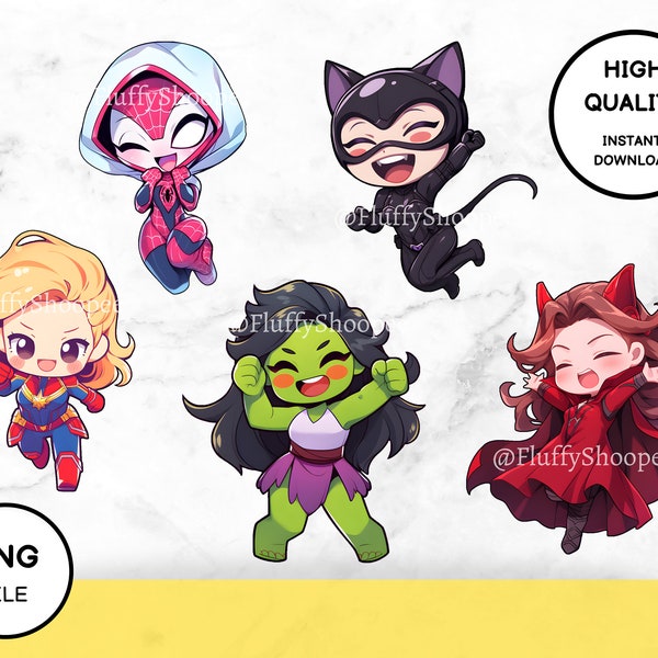 Popular Superhero Women Characters - Cute Chibi Cartoon Characters - Printable Files - Super Women Prints - Ready To Print - Cutting File
