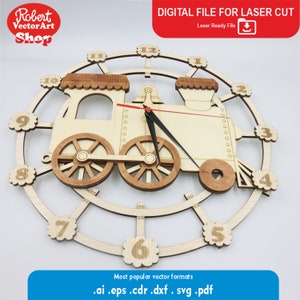 Tren de reloj de pared cortado con láser, archivo svg Plantilla vectorial de reloj de pared reloj de pared svg, cdr, ai, dxf, pdf Archivo cortado con láser Reloj de pared svg crict