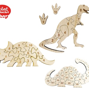 Paquete de 3 rompecabezas de dinosaurios para niños, para cortadora láser, SVG, AI, CDR, eps, dxf, archivos de diseño cortados con láser con números