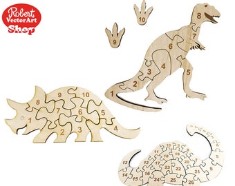 May include: Wooden dinosaur puzzle with 10 pieces. The puzzle is made of natural wood and features a brown dinosaur with a long tail and sharp teeth. The puzzle is numbered 1 through 10.