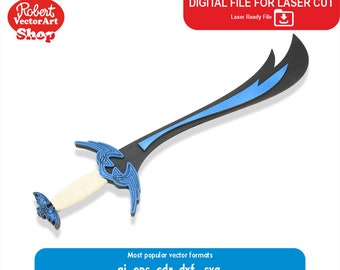 May include: A blue and black sword with a decorative handle. The sword is designed for laser cutting. The file is available in .ai, .eps, .cdr, .dxf, and .svg formats.
