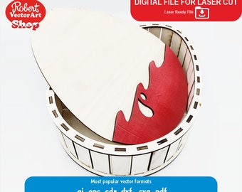 May include: A laser cut wooden box with a lid shaped like an egg. The lid has a red design on one side. The box is made of white wood and has a decorative border. The text "DIGITAL FILE FOR LASER CUT" is at the top of the image. The text "Laser Ready File" is below the first text. The text "Most popular vector formats" is at the bottom of the image. The text ".ai .eps.cdr.dxf.svg.pdf" is below the second text.