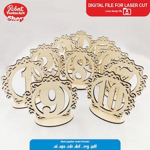 Digitale SVG-tabelnummers/bruiloft, restaurant, feest, tafelnummer, lasergesneden, ai, pdf, dxf, svg, eps laserbestand TB02 Glowforge