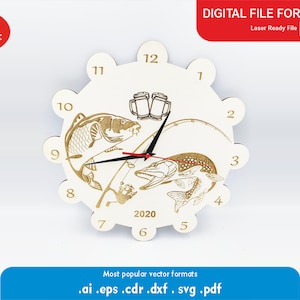 May include: A white wooden clock with a fishing theme. The clock face features two fish, a fishing rod, and two beer mugs. The numbers 1 through 12 are around the edge of the clock face. The clock also has the year 2020 printed on it.