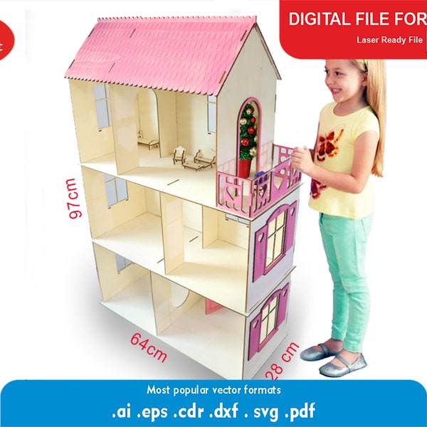 Wooden Dollhouse vector file with doolhouse furniture, Wooden Dollhouse,Files Cdr Dxf Svg Ai Eps Pdf, RVA  tested product