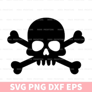 May include: Black and white silhouette of a skull and crossbones. The skull has two eye sockets and a nose. The crossbones are crossed at the center of the skull.