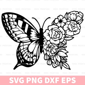 May include: Black and white line art illustration of a butterfly with floral accents. The butterfly has detailed wings and the flowers are stylized.
