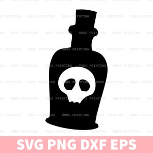 May include: Black and white silhouette of a glass bottle with a skull inside. The bottle has a rounded top and a wide base. The skull has a simple design with two eye sockets and a nose.
