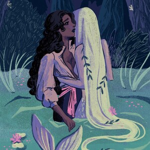 May include: A painting of two figures in a forest setting. One figure is a woman with long brown hair and a white shirt, the other figure is a mermaid with long blonde hair and a purple tail. The figures are embracing in a pond with lily pads and flowers.