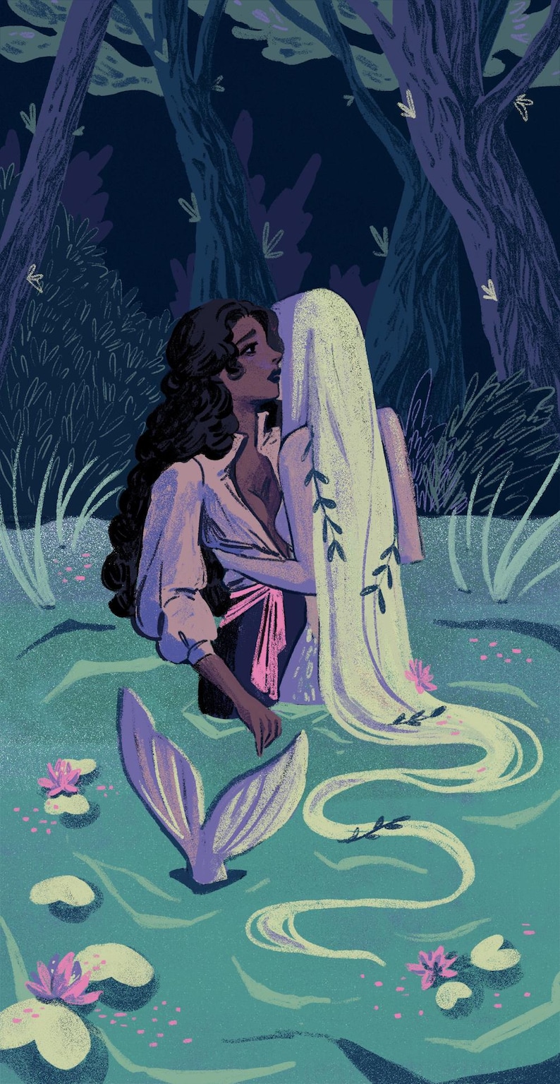May include: A painting of two figures in a forest setting. One figure is a woman with long brown hair and a white shirt, the other figure is a mermaid with long blonde hair and a purple tail. The figures are embracing in a pond with lily pads and flowers.
