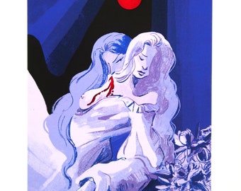 Lámina artística de amor vampírico con acabado en lámina roja • Ilustración de vampiro • Sáfica