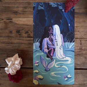 May include: A painting of two figures embracing in a dark forest. The figure on the left has dark hair and is wearing a light blue shirt. The figure on the right has long white hair and is wearing a white dress. The figures are standing in a body of water with lily pads and a fish tail.