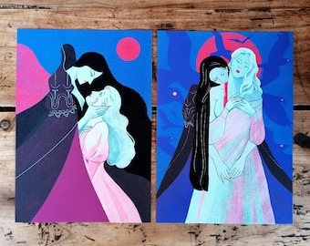 Vampiros enamorados • Ilustraciones • Ilustración sáfica • LGBT • Arte gótico
