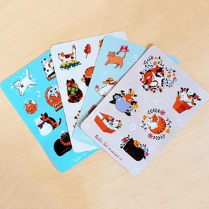 Chats des quatre saisons • Illustration printemps • Stickers chats •  Autocollants chats • Feuille sticker •  agenda