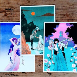 Vampiric love A4 Riso print set • Vampire illustration • Risograph • Gothic prints • Sapphic illustration