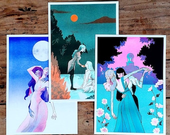 Vampiric love A4 Riso Druck Set • Vampir Illustration • Risograph • Gothic Drucke • Sapphische Illustration