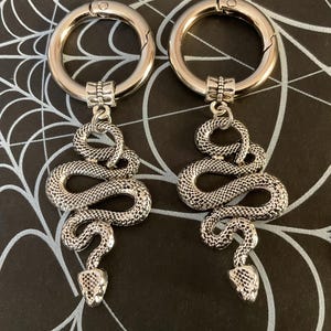 May include: A pair of silver snake charm earrings with a hoop design. The hoops are made of metal and have a hinged clasp. The snake charms are detailed and have a textured finish.