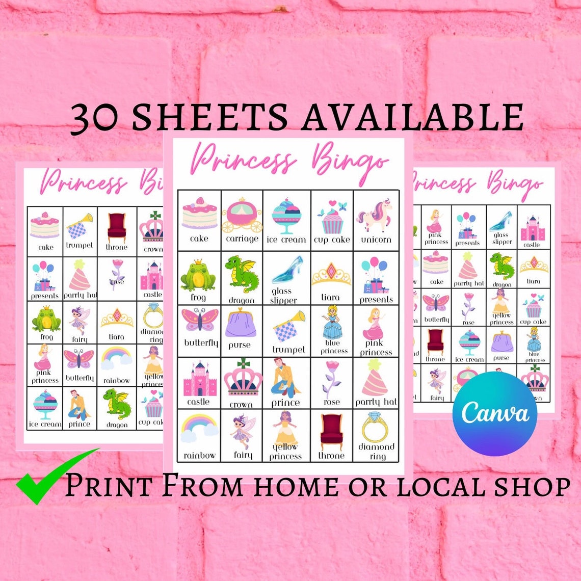 Princess Bingo, 30 Printable Princess Bingo Cards, Princess Birthday ...