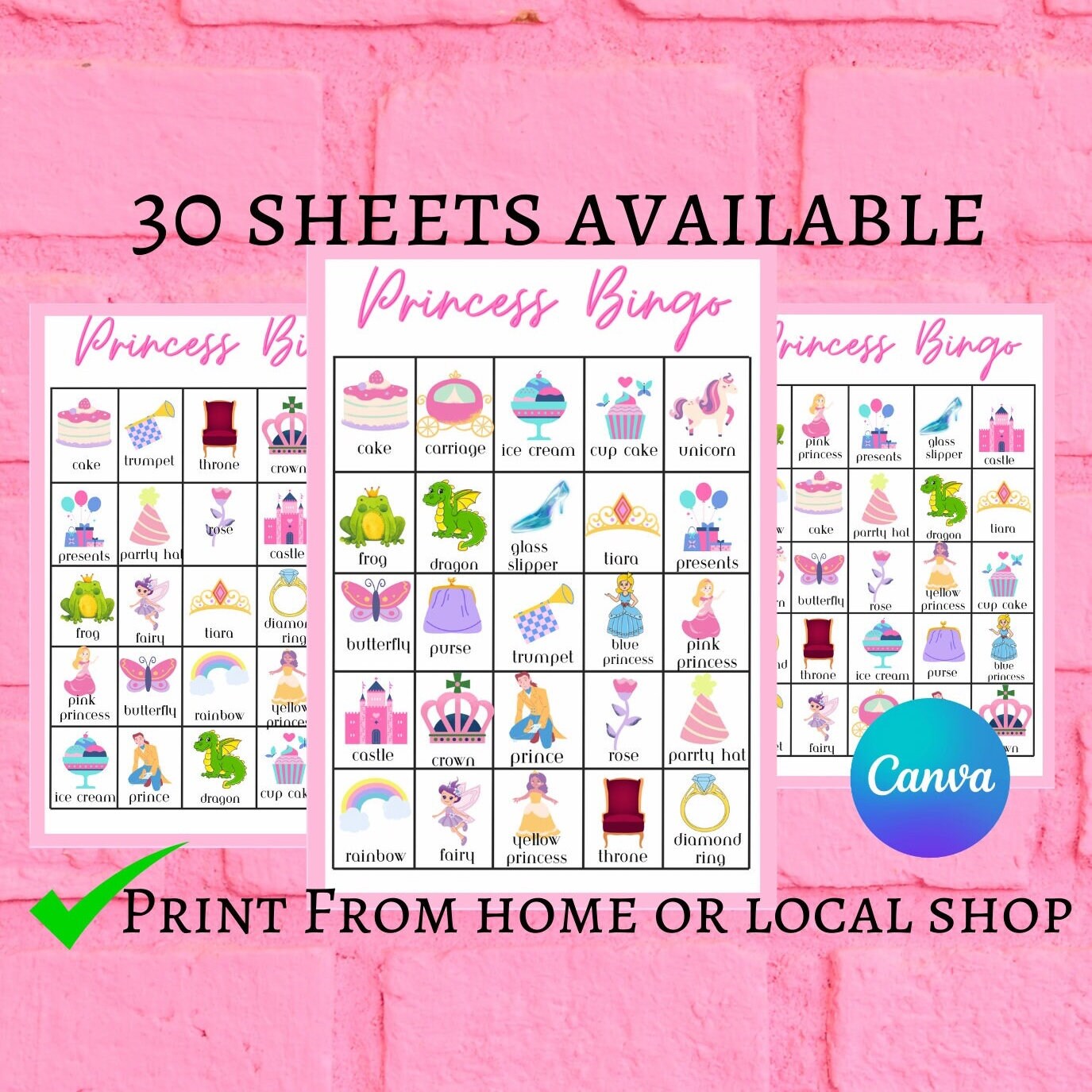 Princess Bingo, 30 Printable Princess Bingo Cards, Princess Birthday ...