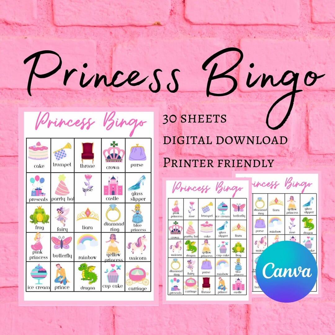 Princess Bingo, 30 Printable Princess Bingo Cards, Princess Birthday ...