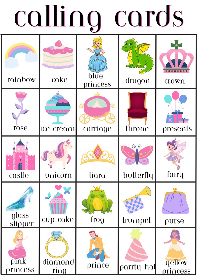 Princess Bingo, 30 Printable Princess Bingo Cards, Princess Birthday ...