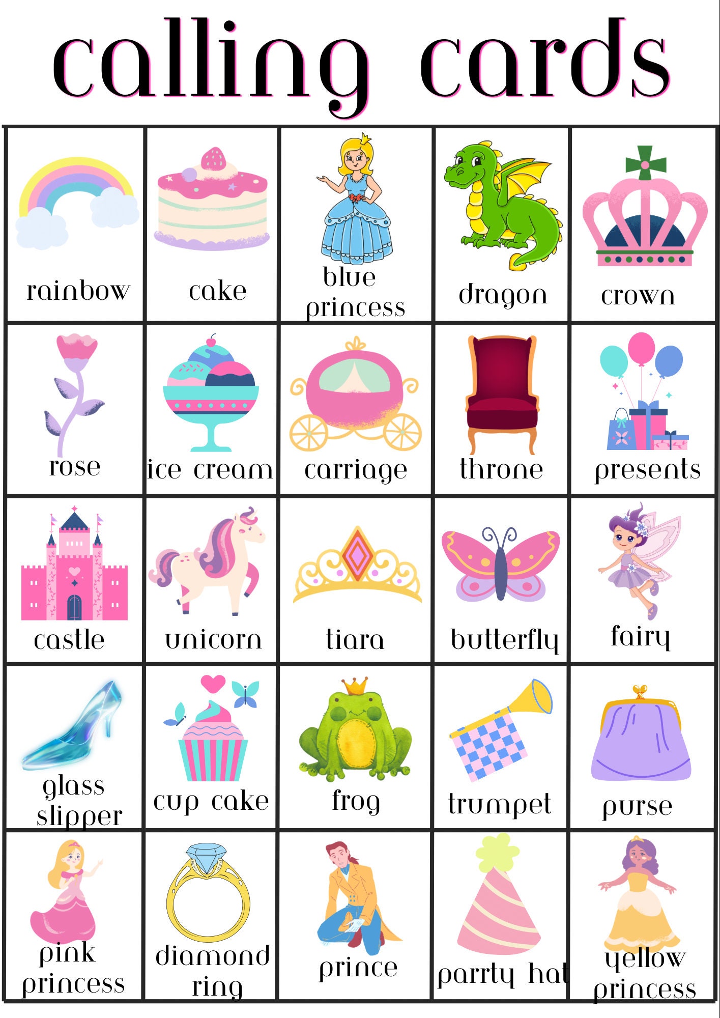 Princess Bingo, 30 Printable Princess Bingo Cards, Princess Birthday ...