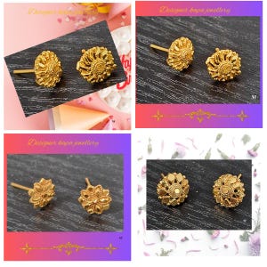May include: A set of four pairs of gold-toned stud earrings, each featuring intricate, textured, circular floral or sunburst designs. The earrings are displayed in a collage format, with each pair showcasing a unique, detailed, metallic pattern.