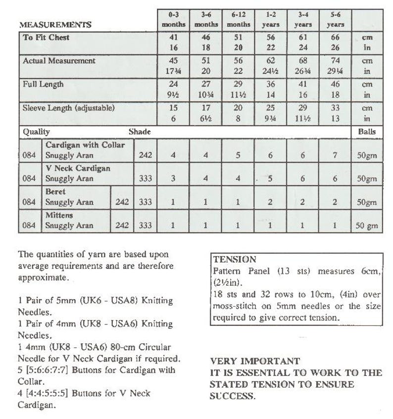 Child's Cardigans, Beret & Mittens, Aran, 1626 Chest, PDF Vintage