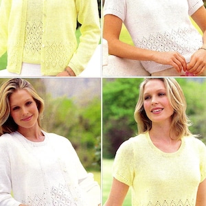 May include: A collection of knitted garments including a pale yellow cardigan and matching short-sleeved top, and a white cardigan and matching short-sleeved top. Each piece features a round neckline and a decorative diamond-shaped lace pattern.