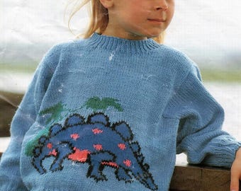 Vintage Knitting Pattern PDF: Childs Dinosaur Sweater, DK Yarn (24-34" Chest)