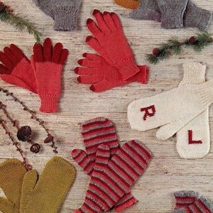 May include: A collection of knitted gloves and mittens in various colors, including gray, red, and mustard yellow. Some gloves have contrasting fingertips, while others feature striped patterns. One pair of mittens has the letters "R" and "L".