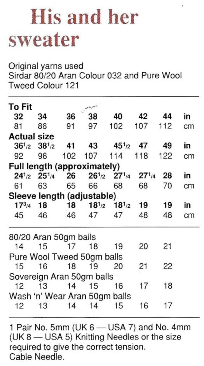 Vintage Aran Knitting Pattern PDF: His & Hers Sweaters (32