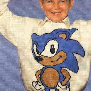 May include: A cream-colored sweater featuring a large, blue and brown cartoon hedgehog character. The hedgehog has white accents and is smiling. The sweater has a collared neckline and long sleeves. The background is a light blue.