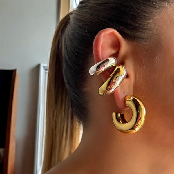 Chunky Ear Cuff Earrings, Chunky Flat Ear Cuff Earrings, Classic C-Shape Stacking Earrings, Gold Cuff, Thick Ear Cuff, Wide Band Ear Cuff.