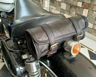 Handmade Goat Leather Brown/Black Motorcycle Side Saddle Bags Storage Tool Pouch Round Small Leather Fork Tool Bag Saddlebag Cycle