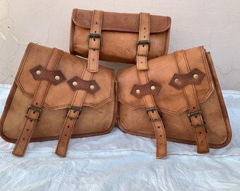 Leather Saddlebags Motorcycle Pouch Brown three Bags Panniers Saddlebags For Sportscaster set of three bags Leather Saddle Panniers 5 Design