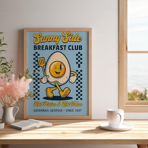 Póster retro de comida, arte mural del club de desayuno de cocina. Disponible en descarga digital en tamaños: A1-A4.