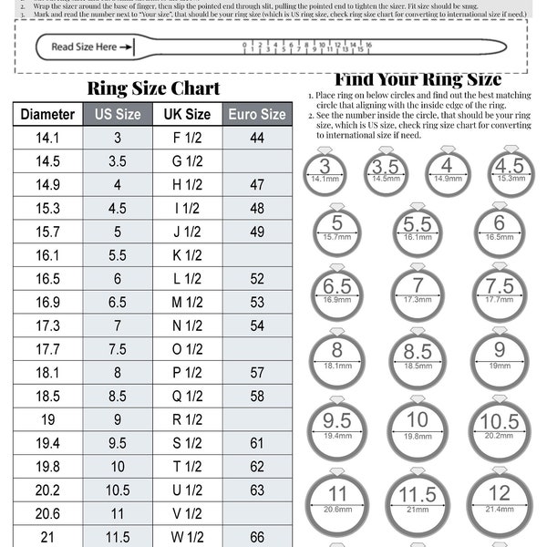 Gráfico de tamaño de anillo imprimible Buscador de tamaño de anillo de diamante imprimible Medida de tamaño de anillo Tabla de tamaño de anillo internacional Descarga instantánea